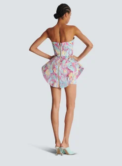 Women Balmain Peplum Bustier Dress With Feather Print