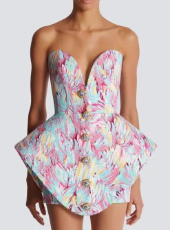 Women Balmain Peplum Bustier Dress With Feather Print