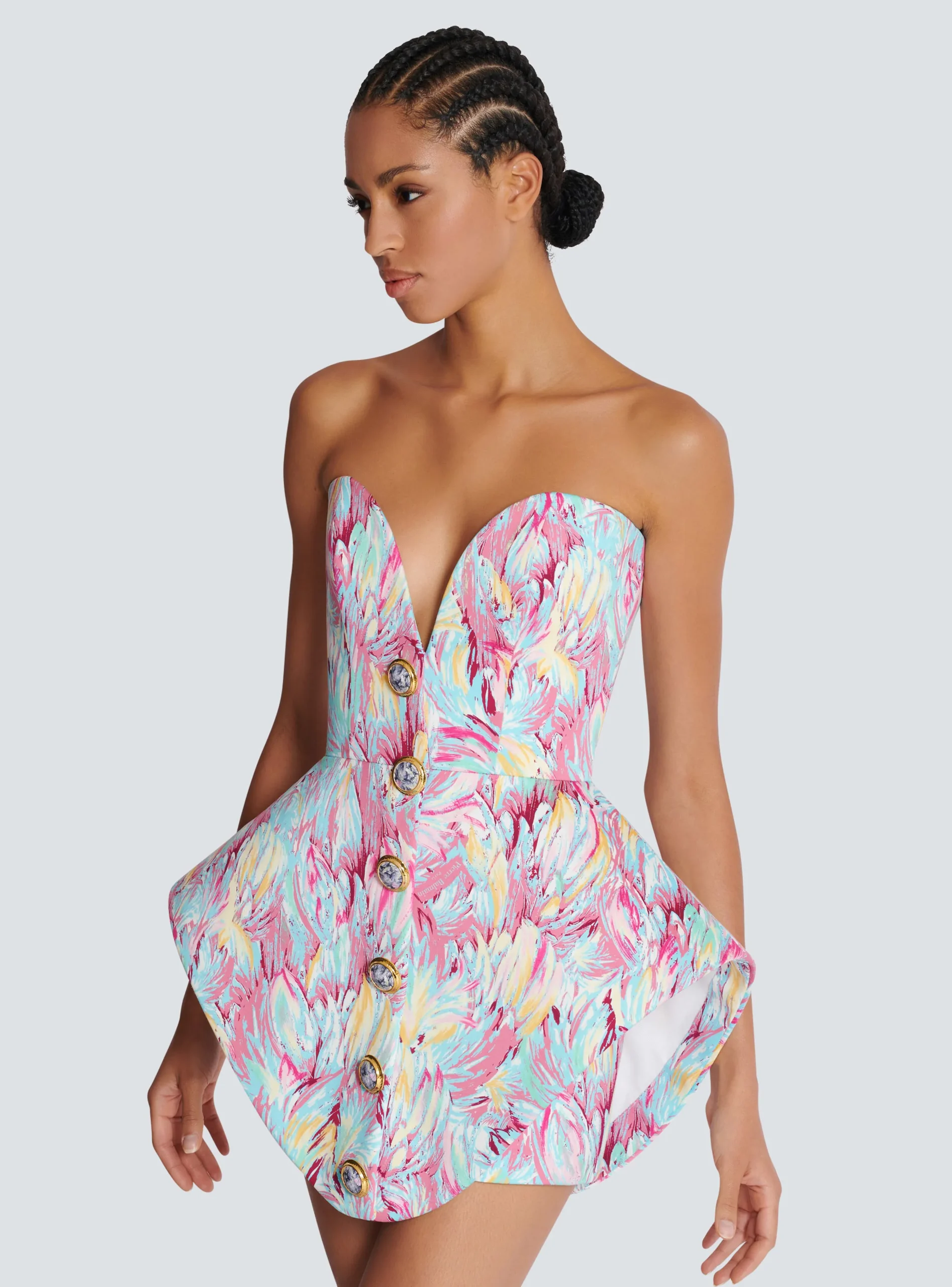 Women Balmain Peplum Bustier Dress With Feather Print