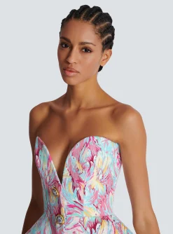 Women Balmain Peplum Bustier Dress With Feather Print