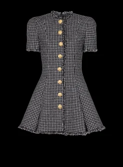 Women Balmain Pleated Flared Dress In Gingham Tweed
