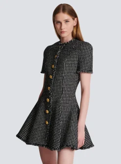 Women Balmain Pleated Flared Dress In Gingham Tweed