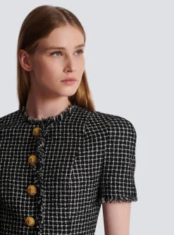 Women Balmain Pleated Flared Dress In Gingham Tweed