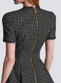Women Balmain Pleated Flared Dress In Gingham Tweed