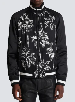 Balmain Printed Satin Palm Tree Bomber Jacket