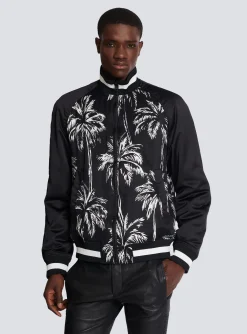 Balmain Printed Satin Palm Tree Bomber Jacket