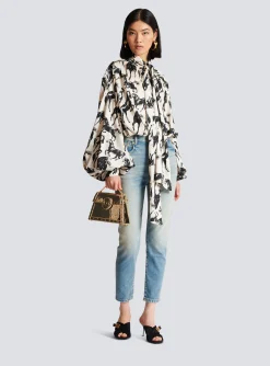 Women Balmain Printed Silk Shirt With Tie Neck