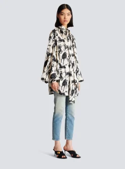 Women Balmain Printed Silk Shirt With Tie Neck