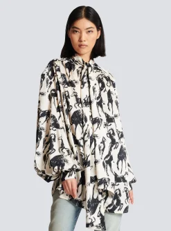 Women Balmain Printed Silk Shirt With Tie Neck
