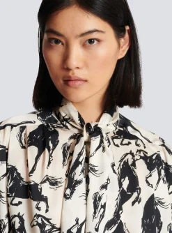 Women Balmain Printed Silk Shirt With Tie Neck
