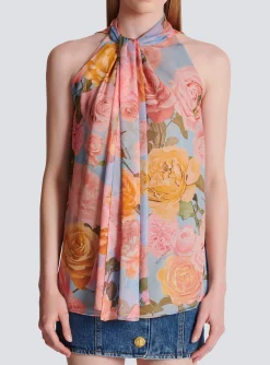 Women Balmain Pussy Bow Top With Pastel Roses Print