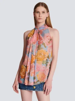 Women Balmain Pussy Bow Top With Pastel Roses Print