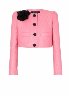 Women Balmain Quilted Cropped Leather Jacket