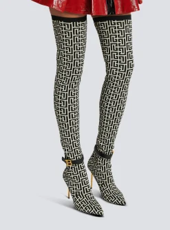 Women Balmain Raven Monogrammed Knit Thigh-high Boots