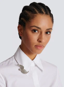 Women Balmain Rhinestone And Palladium Swallow Brooch