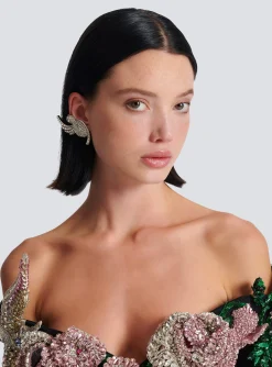 Women Balmain Rhinestone And Palladium Swallow Earrings