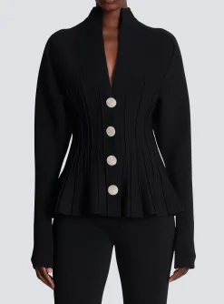 Women Balmain Ribbed Knit Peplum Cardigan