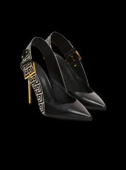 Women Balmain Ruby Stiletto Slingbacks In Calfskin And PB Labyrinth Canvas