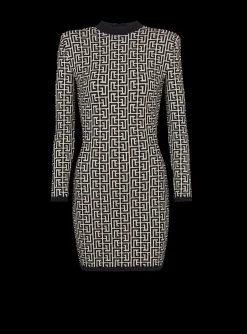 Women Balmain Short Bicolor Jacquard Dress With Monogram