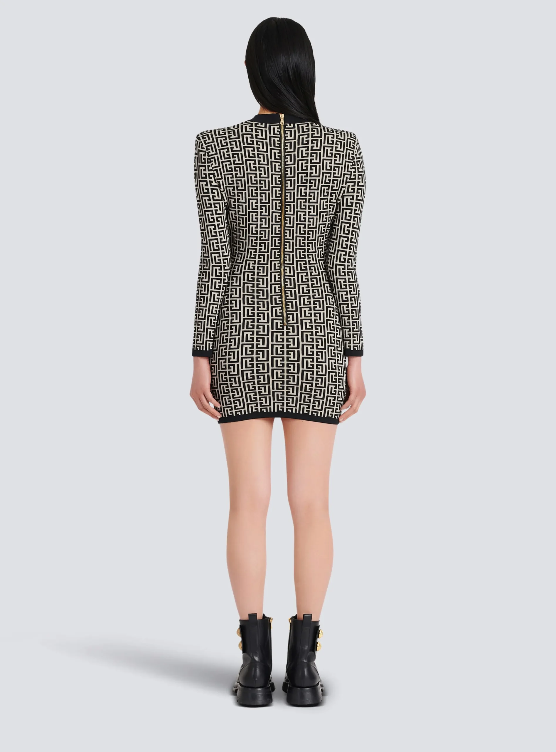 Women Balmain Short Bicolor Jacquard Dress With Monogram