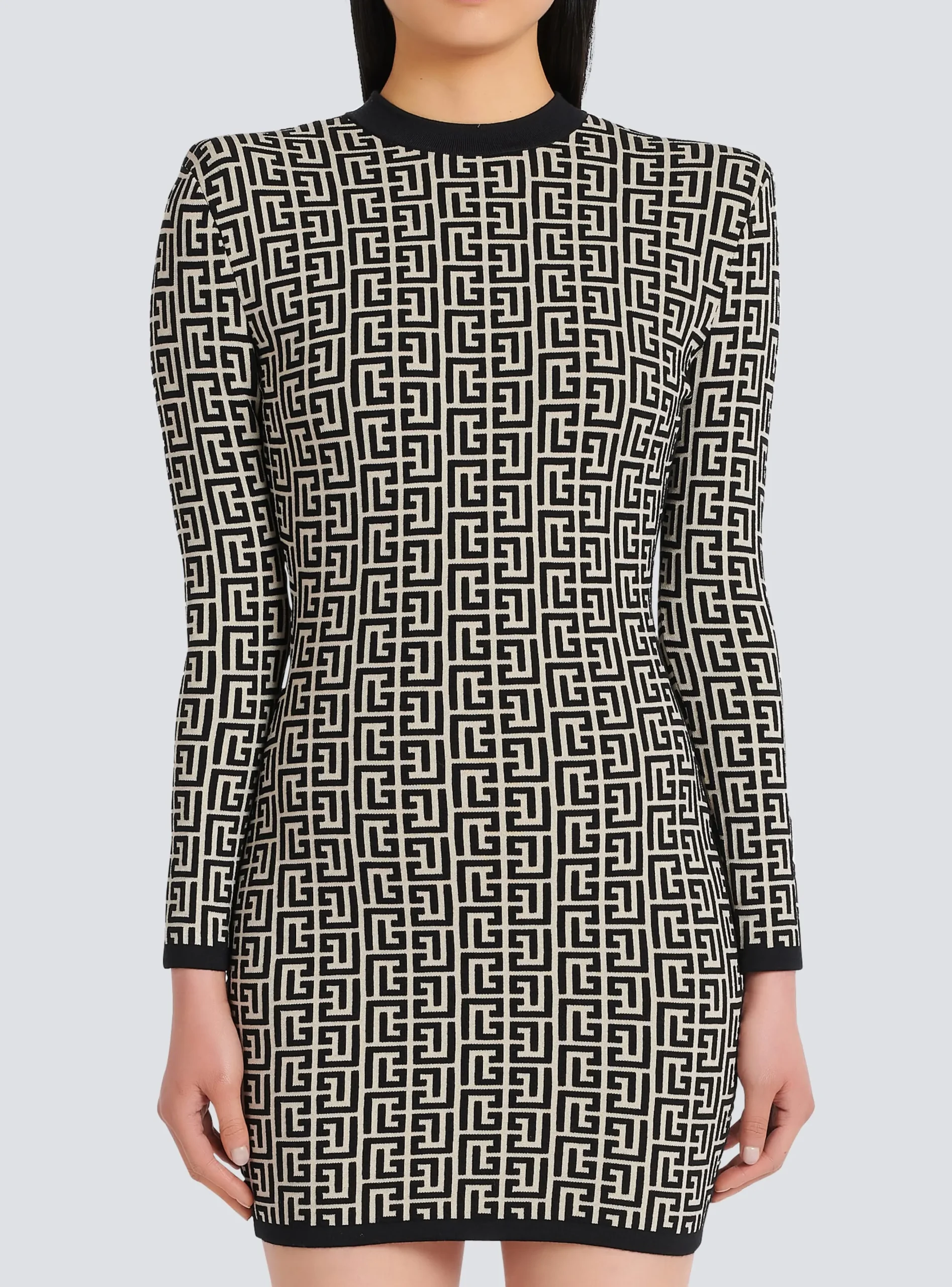 Women Balmain Short Bicolor Jacquard Dress With Monogram