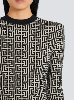 Women Balmain Short Bicolor Jacquard Dress With Monogram