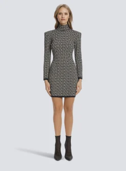 Women Balmain Short Bicolor Jacquard Knit Dress With Monogram