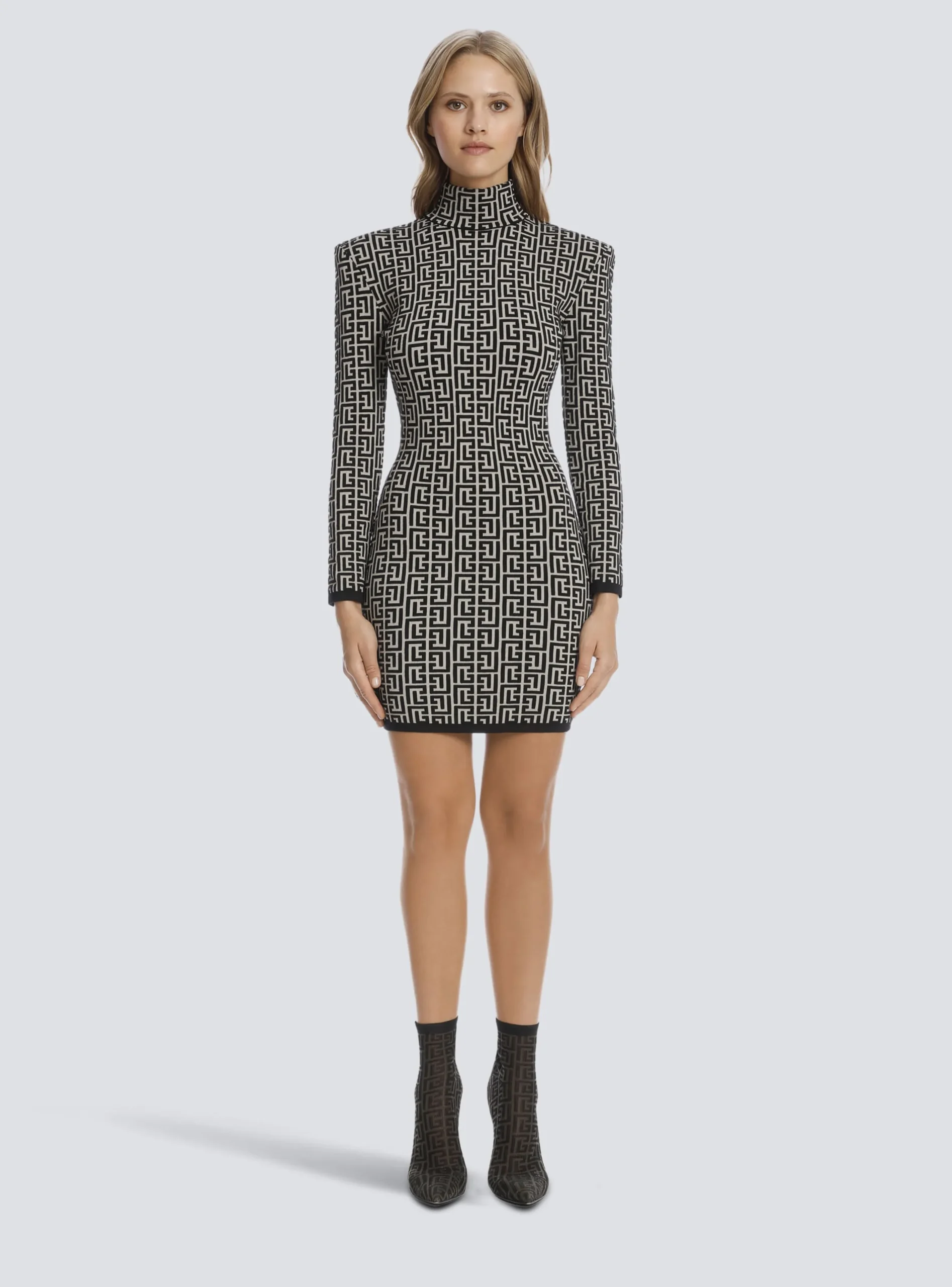 Women Balmain Short Bicolor Jacquard Knit Dress With Monogram
