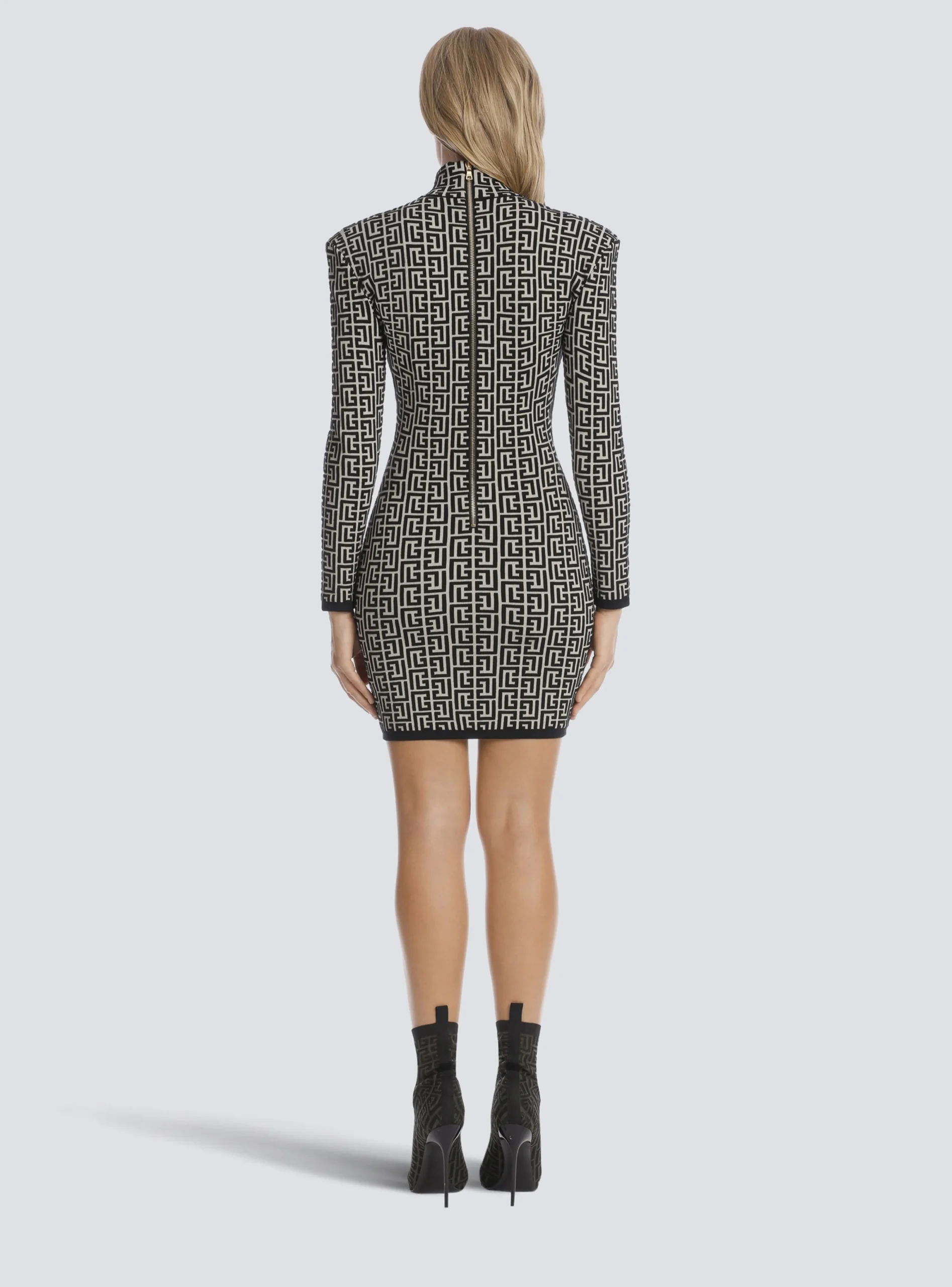 Women Balmain Short Bicolor Jacquard Knit Dress With Monogram