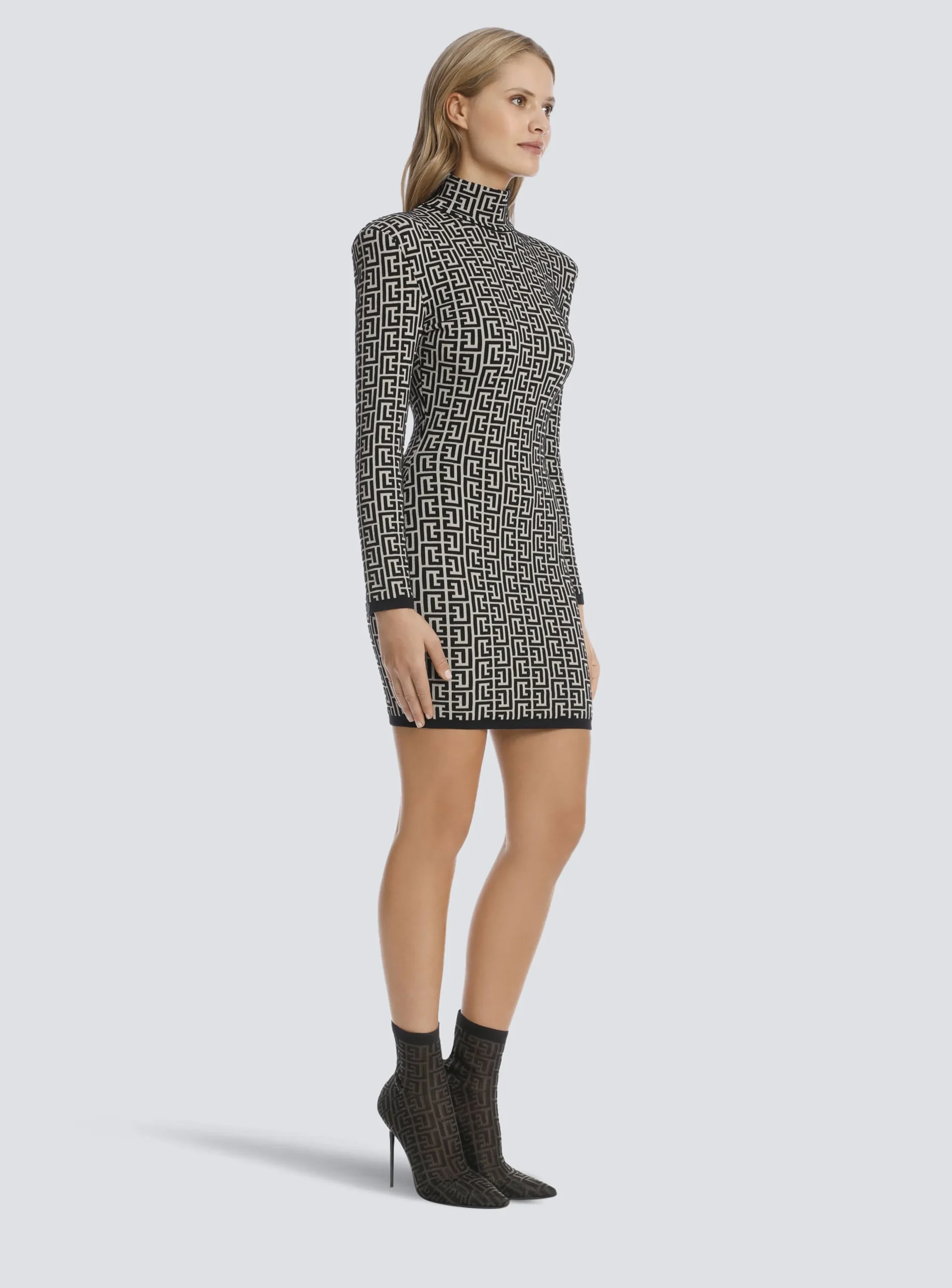 Women Balmain Short Bicolor Jacquard Knit Dress With Monogram