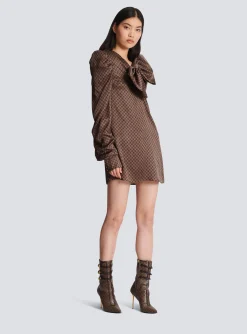 Women Balmain Short Dress With A Large Bow And Mini Monogram Print