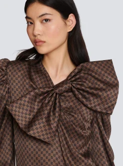 Women Balmain Short Dress With A Large Bow And Mini Monogram Print
