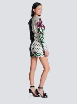Women Balmain Short Embroidered Roses And Polka Dots Dress