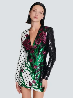 Women Balmain Short Embroidered Roses And Polka Dots Dress