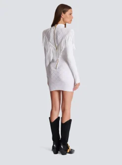 Women Balmain Short Fringed Fine Knit Dress