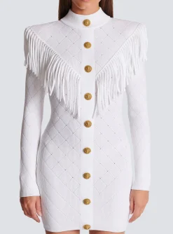 Women Balmain Short Fringed Fine Knit Dress