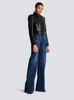 Women Balmain Short Leather Biker Jacket