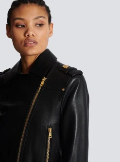 Women Balmain Short Leather Biker Jacket
