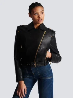 Women Balmain Short Leather Biker Jacket