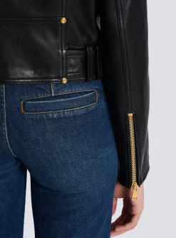 Women Balmain Short Leather Biker Jacket