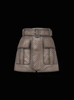 Women Balmain Short Leather Skirt With Mini Monogram Print