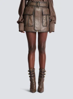 Women Balmain Short Leather Skirt With Mini Monogram Print