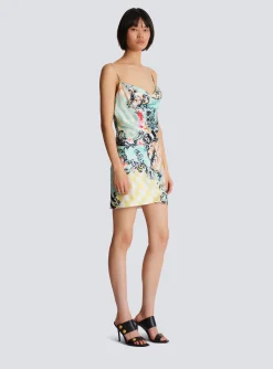 Women Balmain Short Satin Slip Dress With Baroque Print