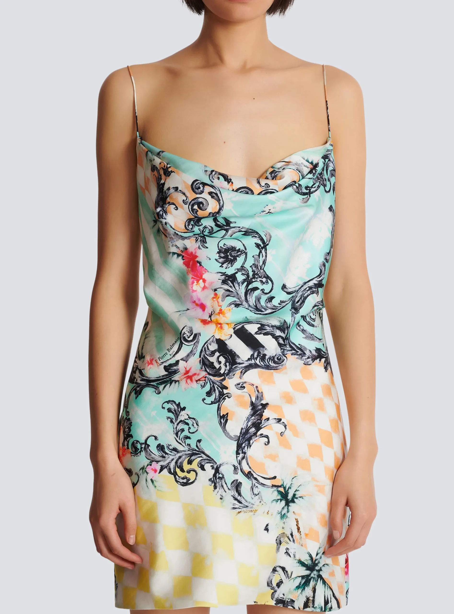 Women Balmain Short Satin Slip Dress With Baroque Print
