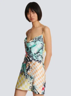 Women Balmain Short Satin Slip Dress With Baroque Print