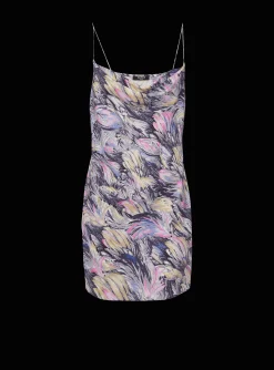 Women Balmain Short Satin Slip Dress With Feather Print