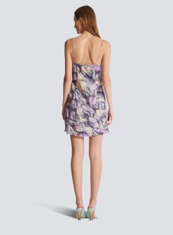 Women Balmain Short Satin Slip Dress With Feather Print