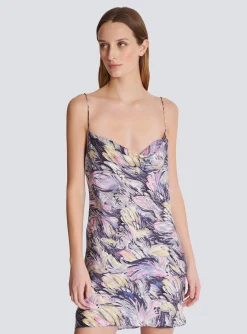 Women Balmain Short Satin Slip Dress With Feather Print