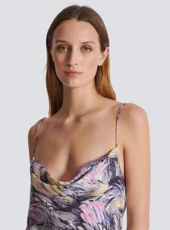 Women Balmain Short Satin Slip Dress With Feather Print