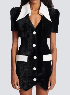 Women Balmain Short Structured Dress In Velvet And Crepe